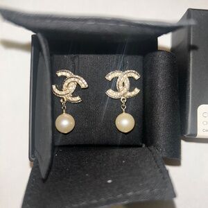 CHANEL  Crystal Pearl CC Drop Earrings Gold